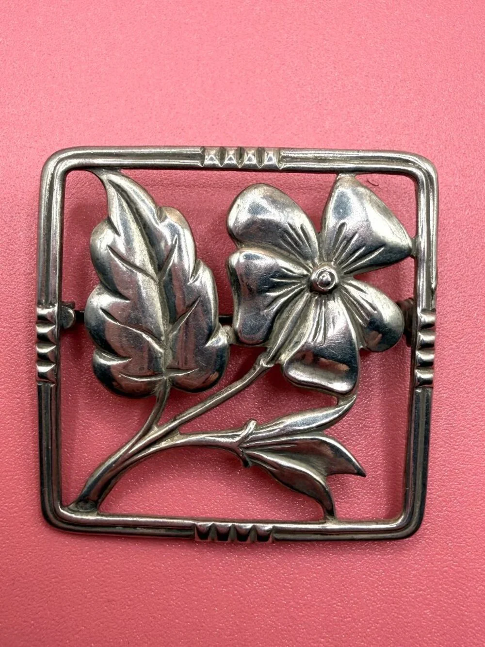 Vintage Sterling Silver Square Flower Pin Brooch Art Deco